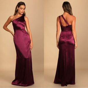Lulu's One-Shoulder Satin Gown in Aubergine
